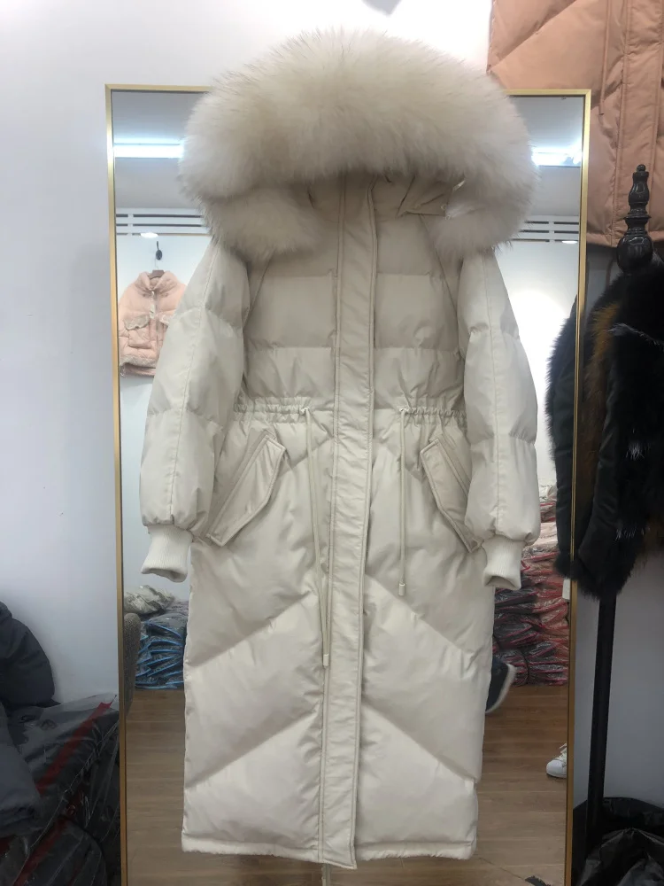 2023 Luxury Large Fox Fur Hoodie Down Coat for Women Windbreaker Maxi Long Parkas Female Thick Warm Cloth Jacket Black Pink