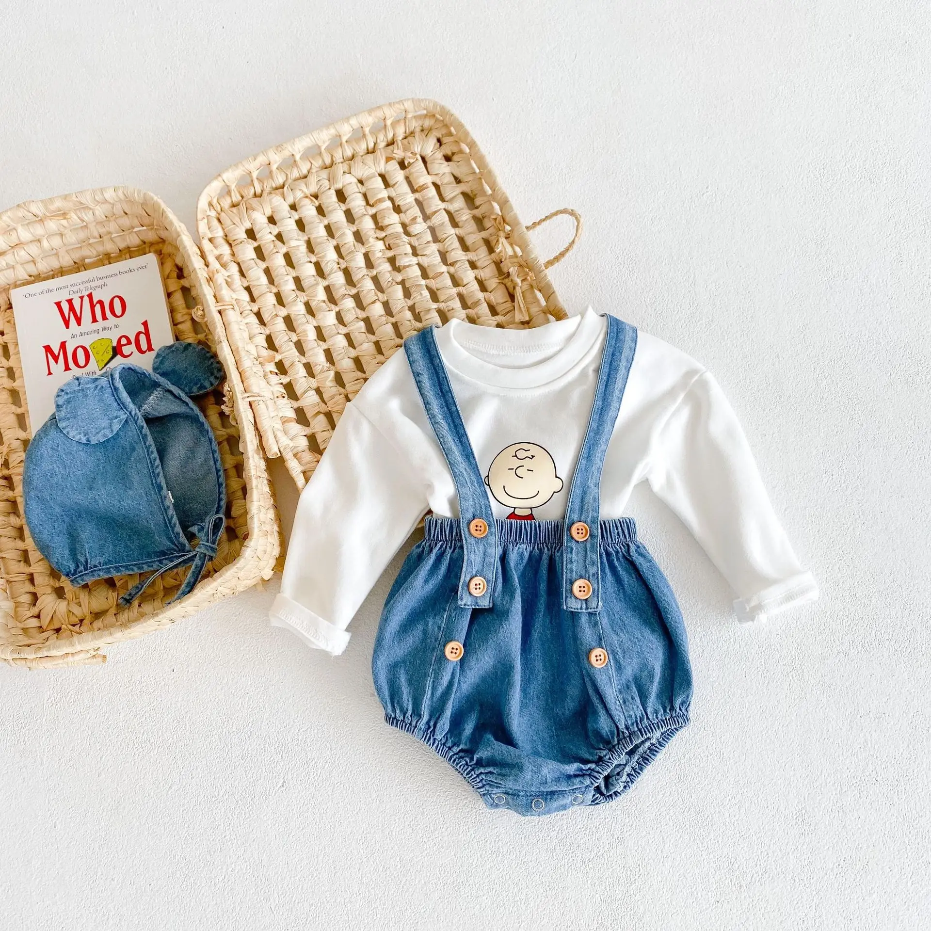 Baby Girl Suit New Spring And Autumn Newborn Cotton Denim Suspenders And Long Sleeved T-shirt+Hat suit 3 Pieces 0-3 Years Old