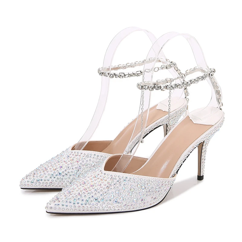 

New style Luxury Rhinestones Chains Women Pumps Elegant High heels Summer Ankle Strap Party shoes Fashion Wedding Prom Shoes