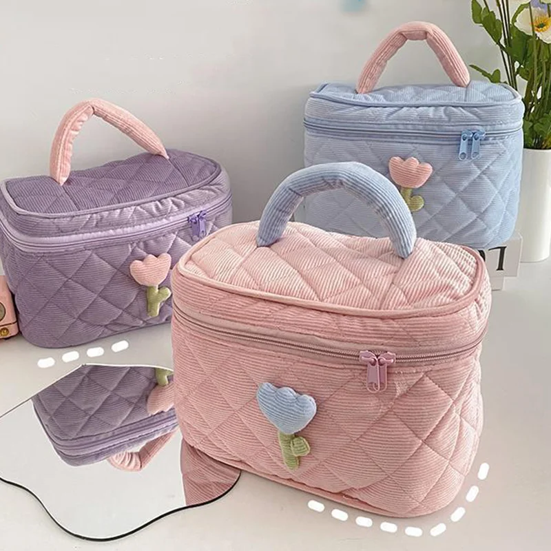 

Corduroy Cute Flower Tote Bag Portable Toiletry Storage Organizer Women's Cosmetic Bag Large Capacity Makeup Organizer Handbags
