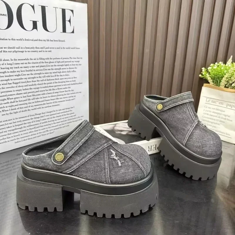 Летние женские тапочки джинсовые сандалии с круглым носком уличная повседневная