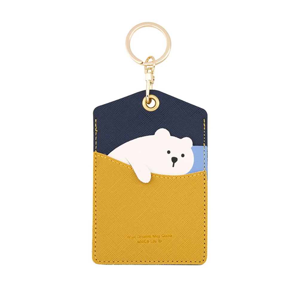 High Quality Credit Card ID Badge Holder Cute Cartoon Leather Bear Pass Case Cover Card Case Key Holder Ring Luggage Tag Trinket
