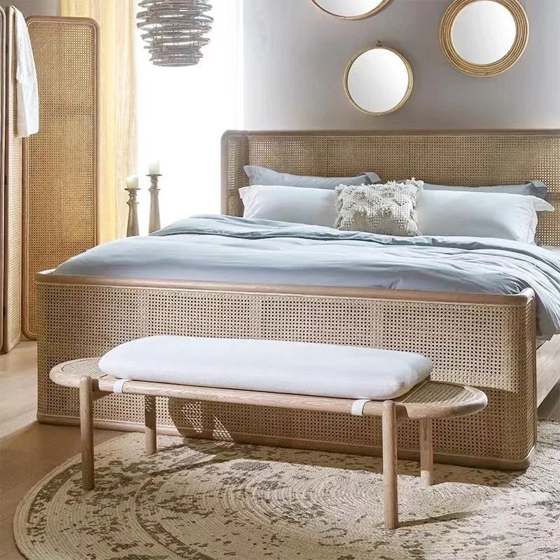 

Nordic solid wood rattan bedside stool home bedroom vintage shoe changing stool simple rectangular dining stool