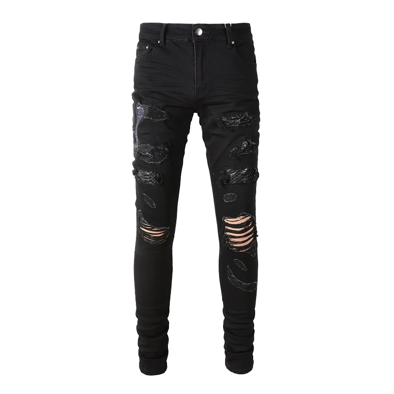 

AM New Arrivals Men's Black Streetwear Fashion Slim Fit Embroidered Snake Pattern Skinny Stretch Destroyed Holes Ripped Jeans