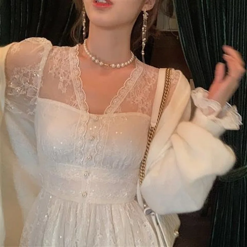 

Women Elegant Sexy V-neck Lace Fairy Dress French Slim Long Sleeve Korean Dress New Winter One-piece Midi Dresses for Woman Part