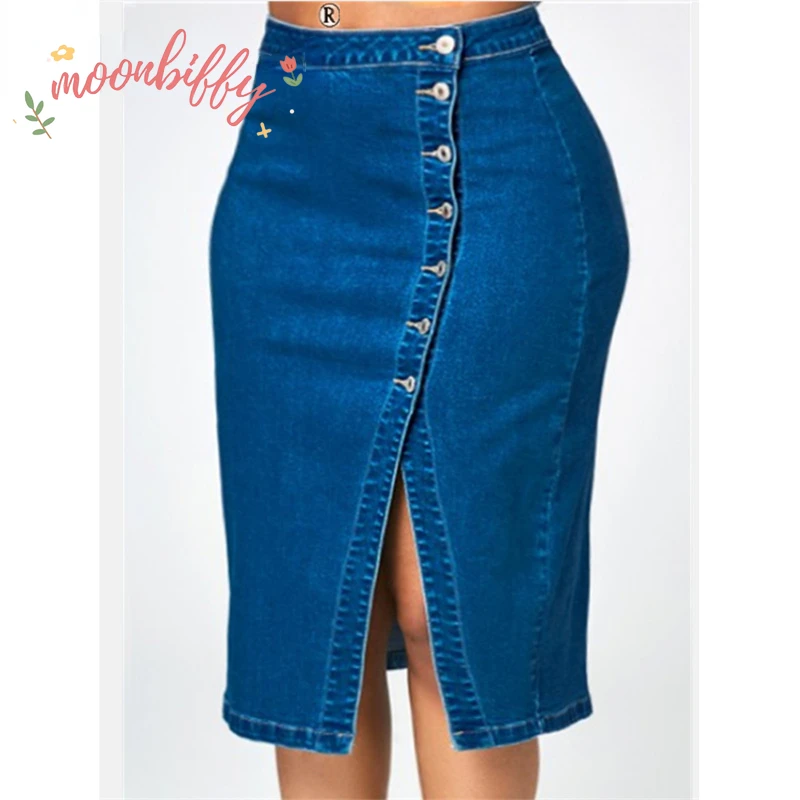 Модная однобортная комбинированная джинсовая юбка с открытым передом и запахом