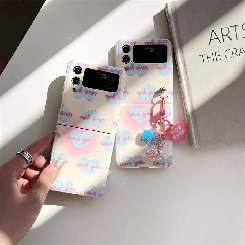 

Lovely English Love Heart Phone Case For Samsung Galaxy Z Flip 4 3 Hard Cover Holder For ZFlip3 Flip3 zflip4 Solid Shell Bracket