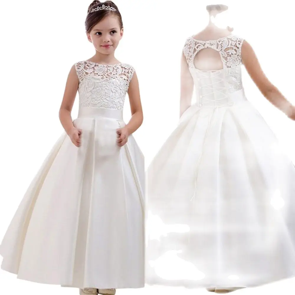 

Elegant Flower Girls Dresses for Jewel Pearls Bow A Line First Communion Dress Stain Floor Length Kids Formal Wear Birthday Gown