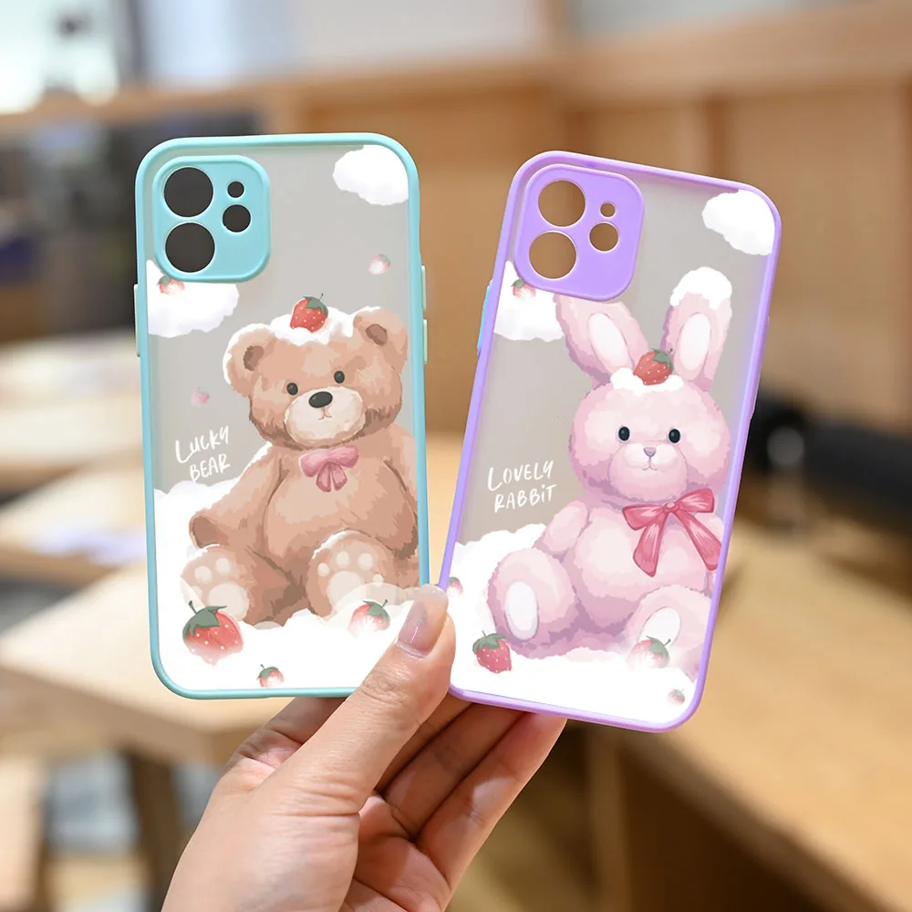 

Lucky Bear Girl Couple Clear Phone Case for IPhone 13 Pro Max 12 Mini 11 X XS XR 7 8 Plus SE2020 Lovely Rabbit Soft bumper Cover