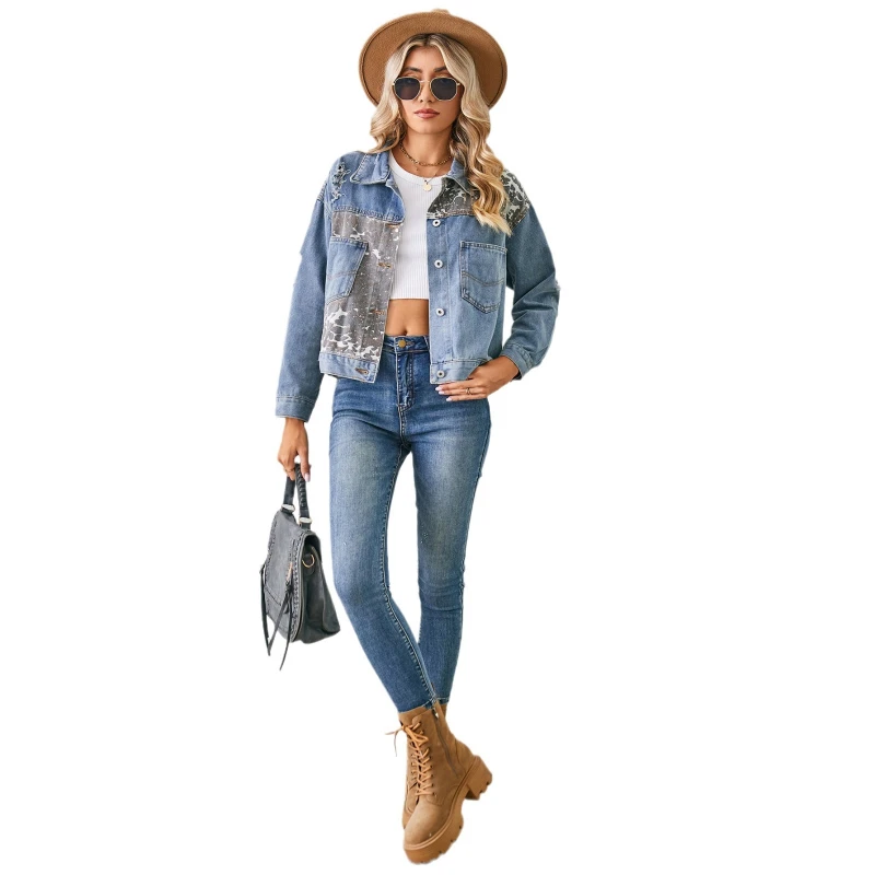 Женская джинсовая куртка с длинным рукавом и леопардовым принтом Осень-зима 2024