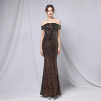 18763 classic one shoulder fishtail dress evening dress elegant banquet temperament velvet style queen