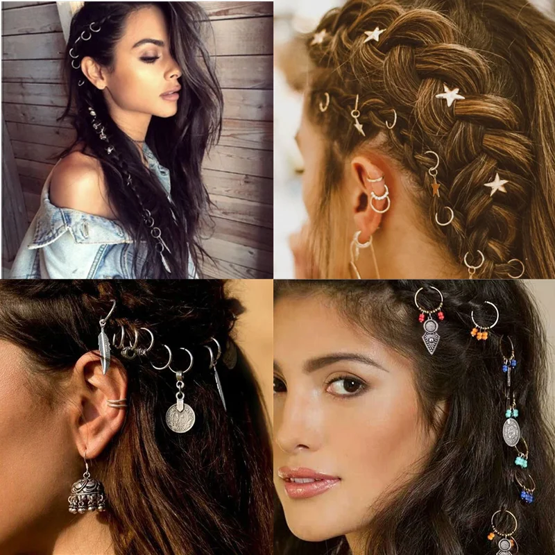 5-50 Pcs Metal Dreadlock Beads Jewelry Hair Braids Clips Vintage Star Moon Women Girl Kids Hairpin Tube Styling Tool Accessories
