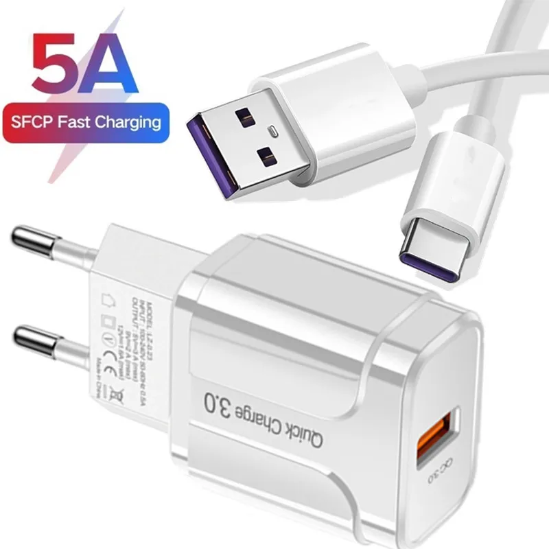 Quick Charge 3.0 USB Wall Charger for Samsung S21 S20 S30 FE Ultra A12 A32 A52 A72 A82 M12 M42 5G Mobile Phone 5A Type c Cable