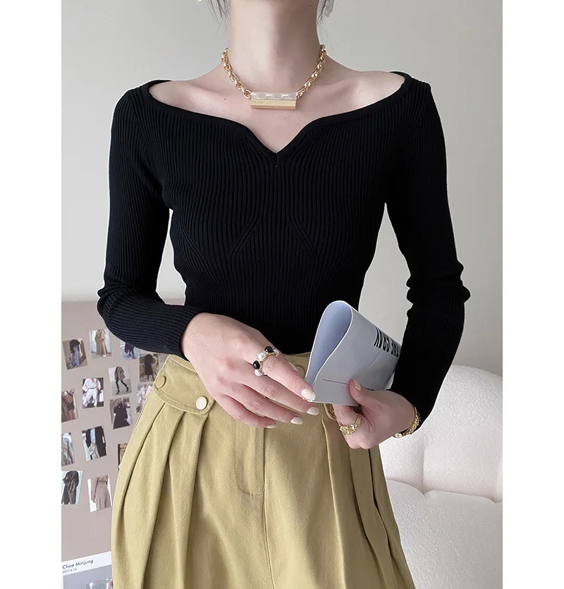 

Petal Collar Short Knitted Sweater Women's 2022 Autumn New Collarbone Slim Bottoming Shirt Y2k Top Woman Tshirts