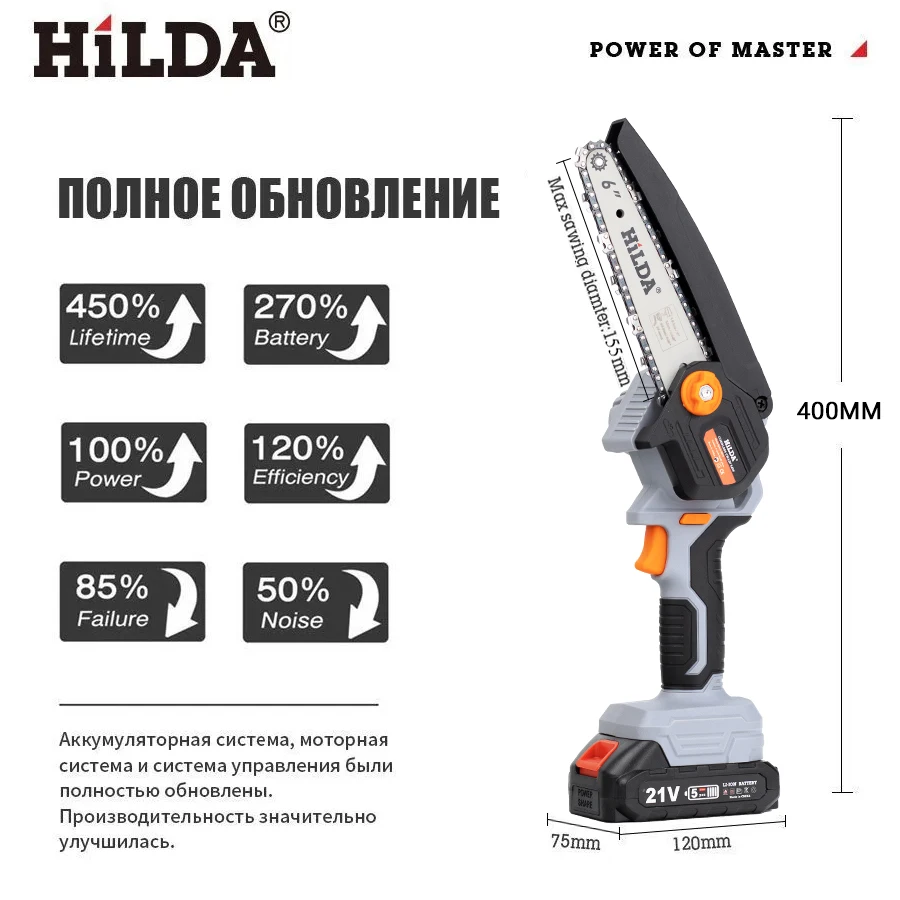 HILDA 6-дюймовая 21 В мини-бензопила Беспроводная перезаряжаемая ручная маленькая