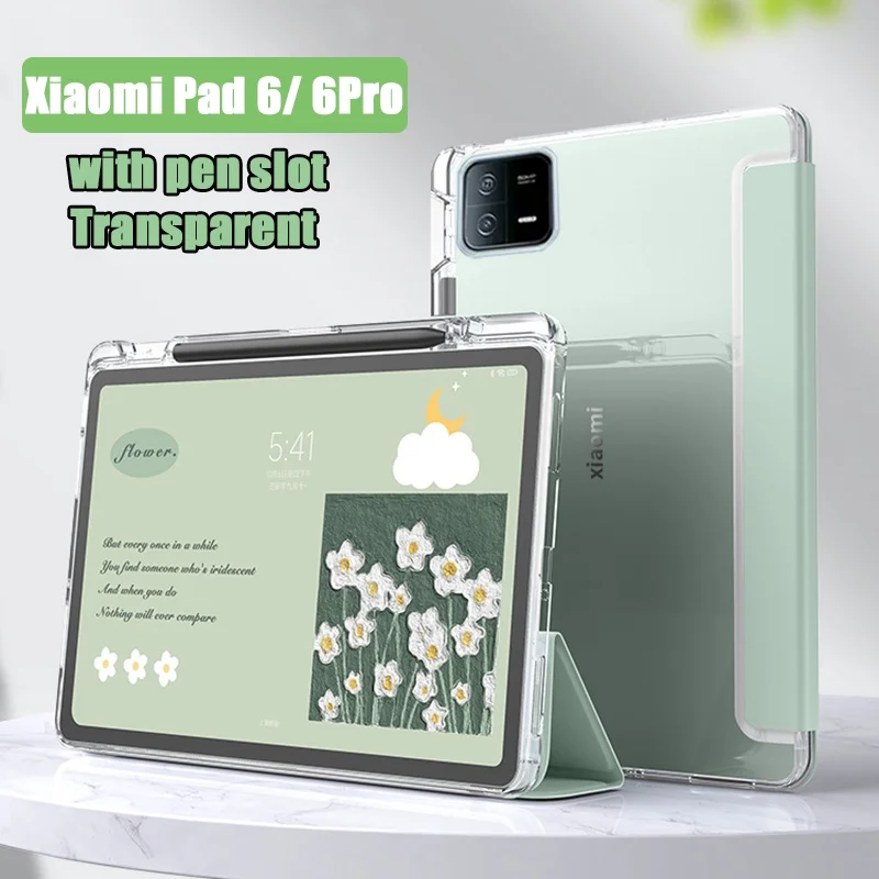 For Xiaomi Pad 6 6 Pro 2023 Pad 5 Pro  Auto Wake/Sleep Transparent Soft TPU Back  with Pencil Holder Case Cover for Redmi Pad