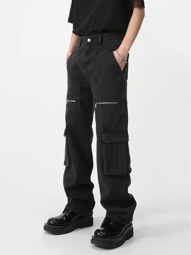 Men's Baggy Worker Jeans Zipper Black Hip Hop Men Cargo Jeans Pants Retro Washed Straight Baggy Cotton Denim Trousers Pantalones