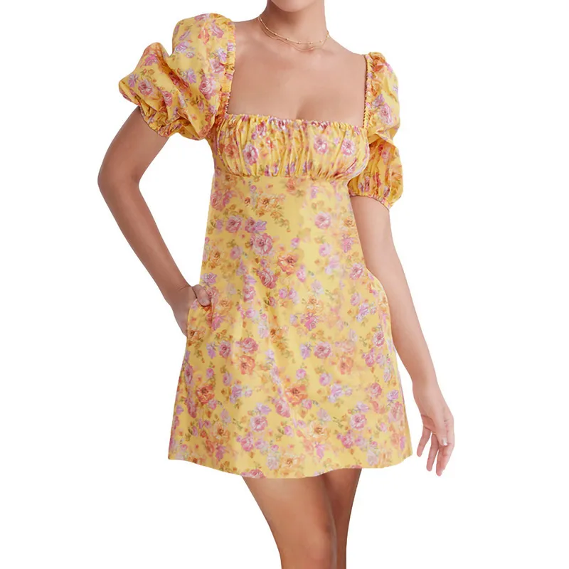 

Женское платье в стиле бохо, летняя одежда 2023, короткие рукава-фонарики, квадратный вырез, цветочный рисунок, открытая спина, сексуальное Клубное платье y2k, уличная одежда