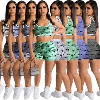 2022 summer women print two piece set crop tank top short pants matching set streetwear clothes for women outfit