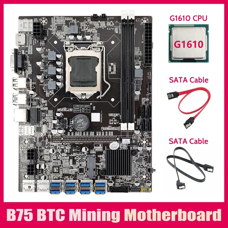 

HOT-B75 ETH Mining Motherboard 8XPCIE USB Adapter+G1610 CPU+2XSATA Cable LGA1155 MSATA B75 USB Miner Motherboard