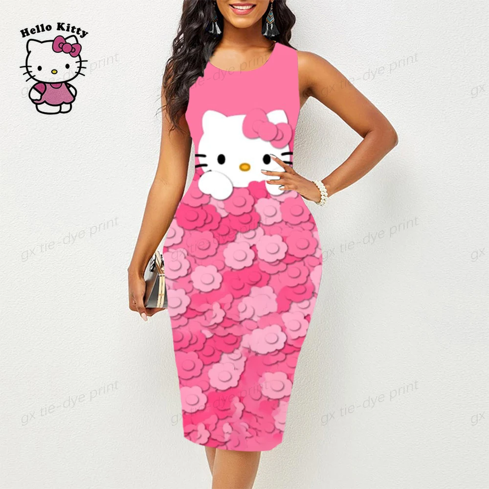 

Женское облегающее платье-миди без рукавов, с круглым вырезом и принтом Hello Kitty, 9 цветов