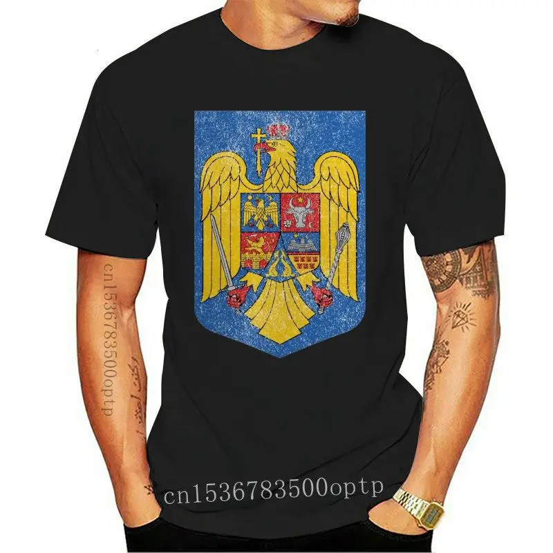 

Camiseta con estampado de escudo de Rumanía para hombre, camisa de manga corta con diseño desgastado, emblema de la bandera de A