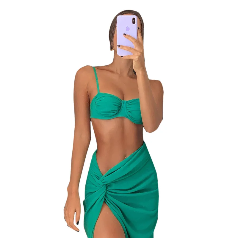 

2 Piece Ruched Sexy Women's Party Beach Outfits Short Top Tank and Twist Side Split Long Skirts Matching Wrinkled Irregular sets