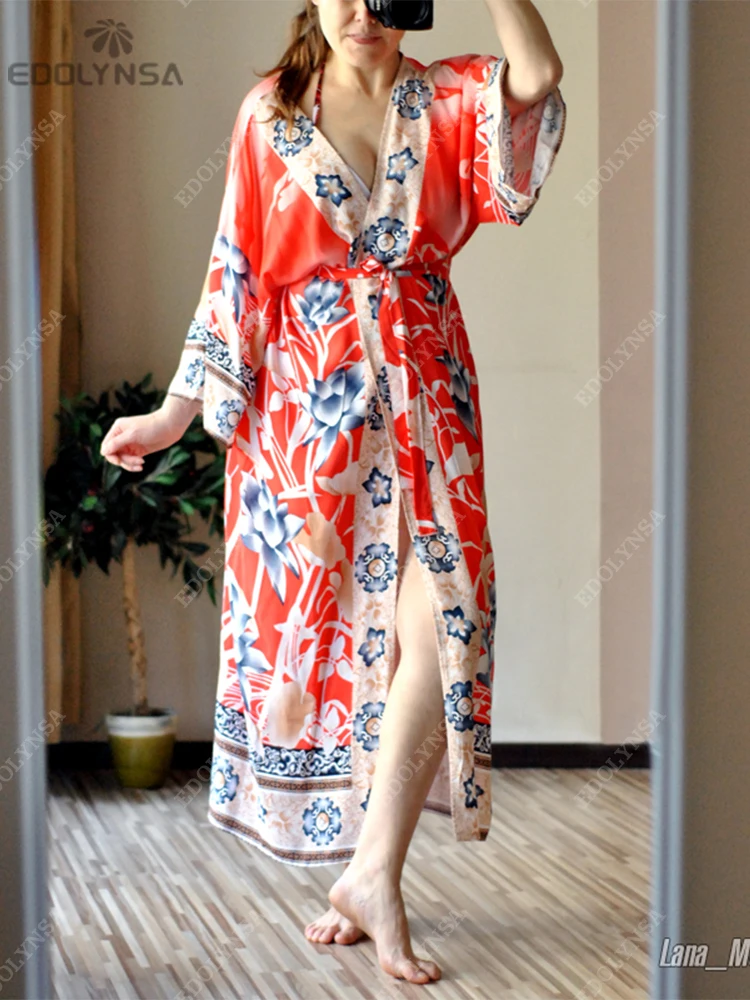 2023 Bikini Cover-ups Pink Boho Print Self Belted Front Open Long Kimono Dress Beach Tunic Women Swim Suit Cover Up Q996 - купить по