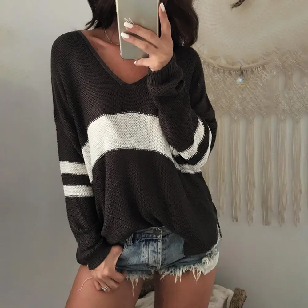 

Модный пуловер, свитер, трикотажный топ из полиэфирного волокна с ребристыми манжетами, женская трикотажная одежда в стиле пэчворк в полоск...