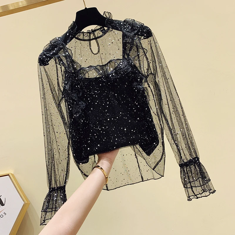 

2022 Spring New Sparkling Gauze Super Fairy Chiffon Shirt Ruffled Lace Blouse Casual STAND Full Womens Tops