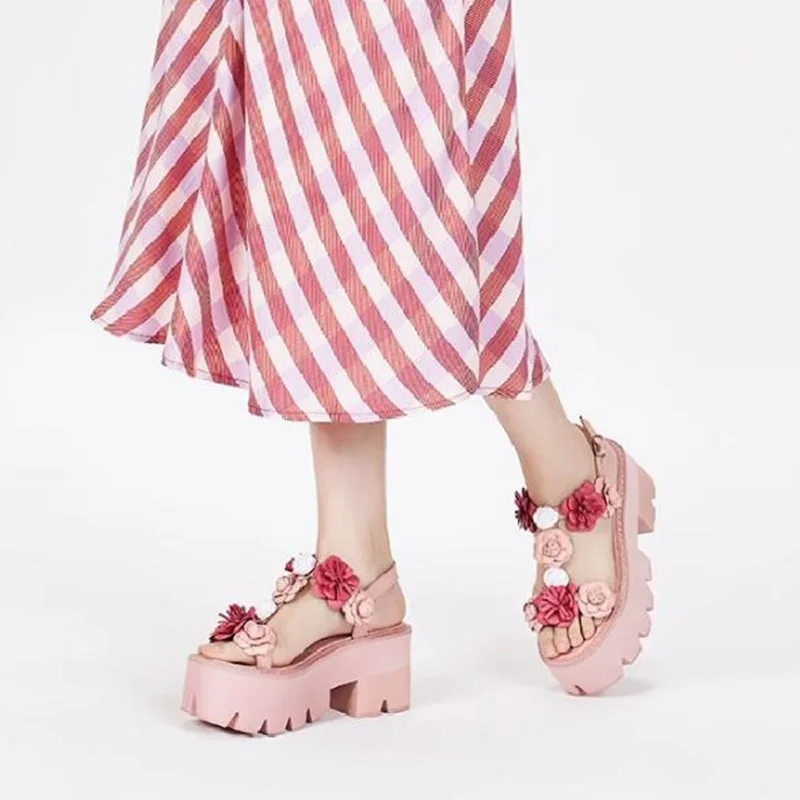 

Pink Flower Decor Deep Platform Summer Sandals Open Toe Floral Chunky Heels Lug Sole Womens Gladiator Sandal Drop Shipping