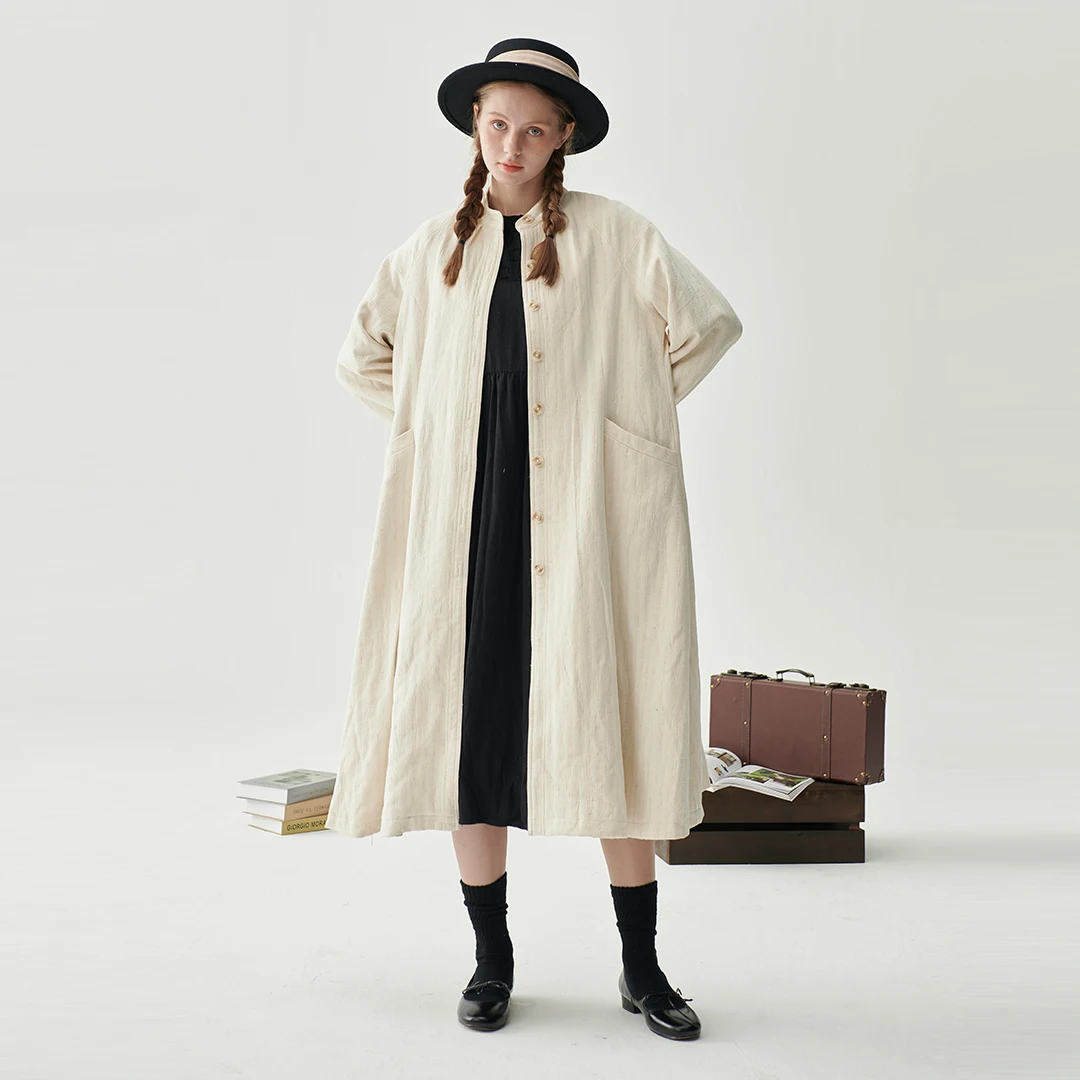 Leorlax original design round neck lantern sleeve loose jacquard cotton linen long coat Japanese simple autumn and winter women