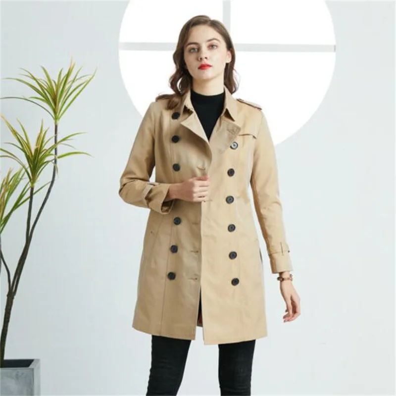Spring trench coats women's autumn fashion mid-length double-breasted color-blocking windbreaker korean slim fit clothes khaki