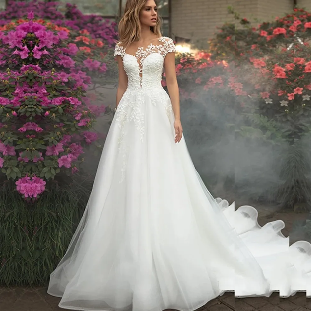 

Модное свадебное платье-трапеция с круглым вырезом, Элегантное свадебное платье с коротким рукавом, Кружевная аппликация, Тюлевое платье с...