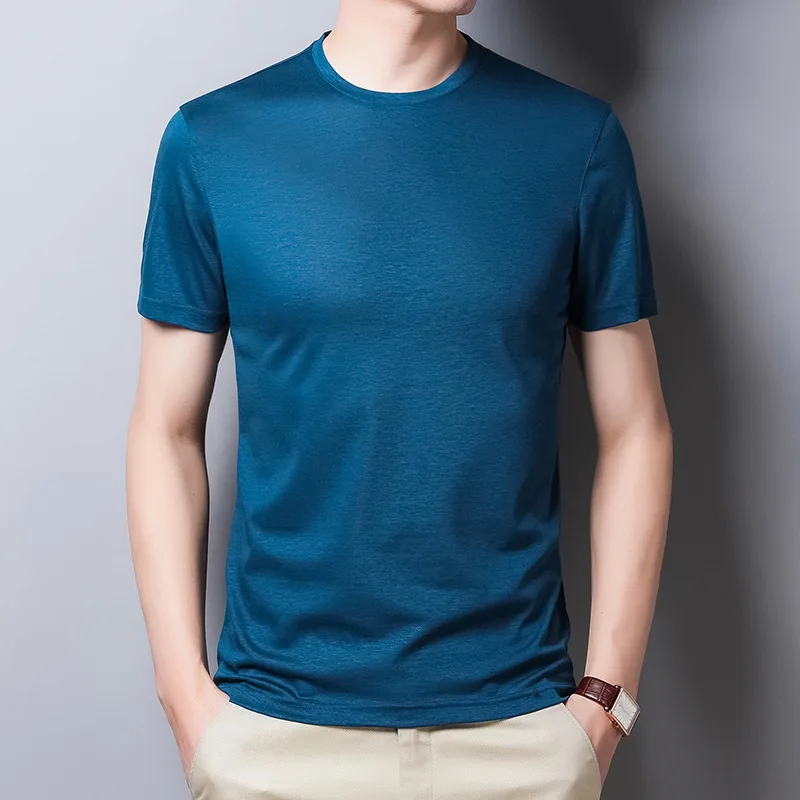 2022 Mulberry Silk Summer Mens T-shirts Luxury Lyocell Short Sleeve Solid Color Male Tees Round Collar Slim Fit Man T-shirts