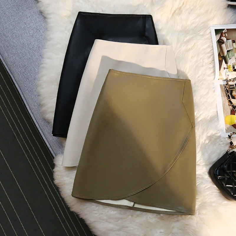 

Черные бежевые элегантные женские мини-юбки из искусственной кожи с высокой талией на весну и осень-зиму модная одежда в Корейском стиле Харадзюку 2022