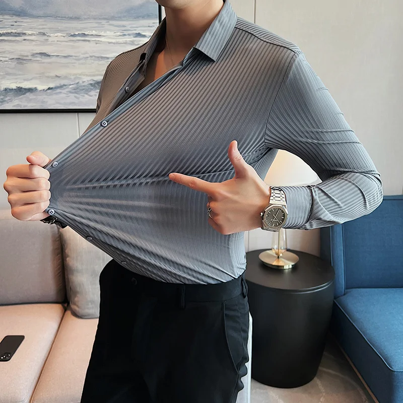 

Plus Size 4XL-M Autumn New High Elastic Long Sleeve Striped Shirts For Men Clothing 2022 Slim Fit Business Formal Wear Tuxedo