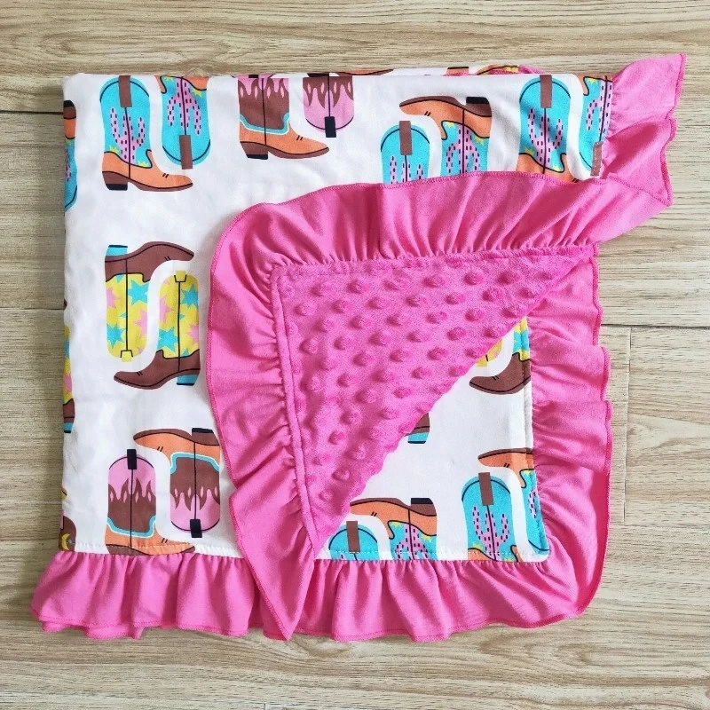 

Wholesale Kid Boutique Baby Girls Pink Boots Bedding Fleece Western Print Blanket Breathable Cotton Flannel Children Thin Quilt