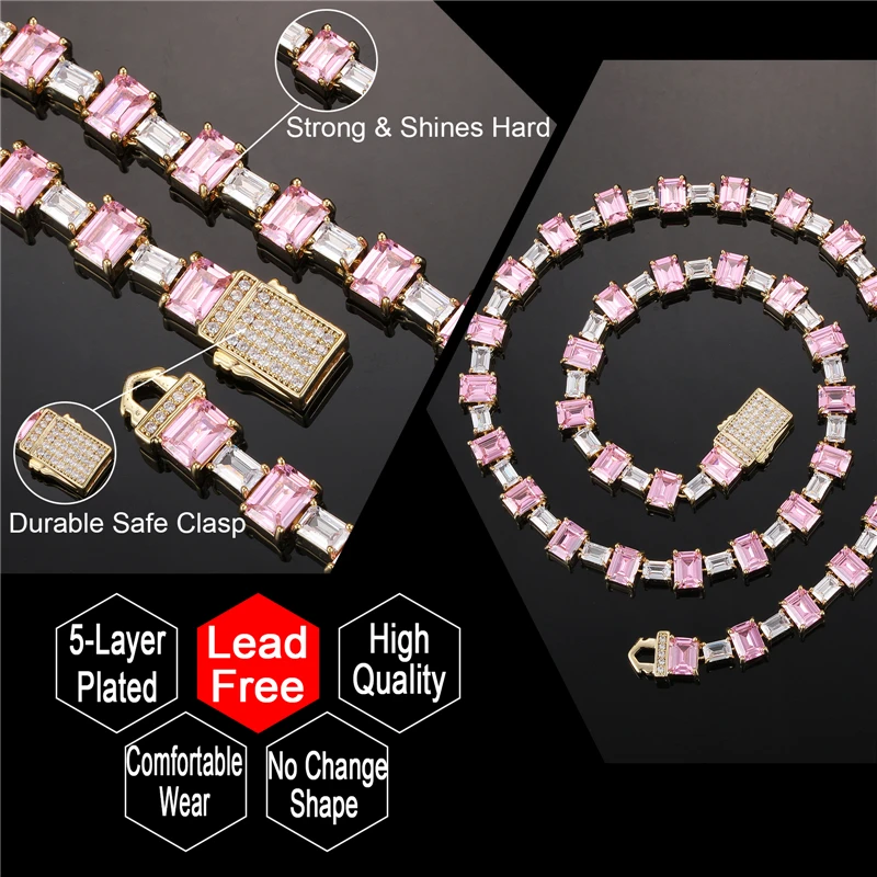 

Hip Hop 9MM Iced Out Baguette Brass Copper Cubic Tennis Chain Necklaces Bracelet Cubic Zircon CZ Bling For Men Women Jewelry