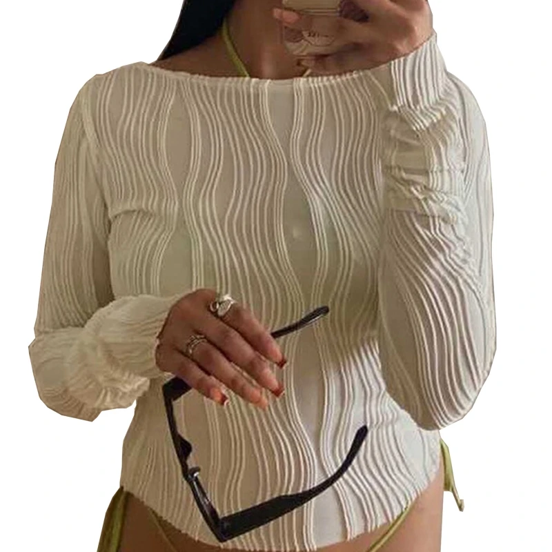 

Women Ruched Cropped Tops Long Sleeve Round Neck T-shirts Slim Fit Blouse Tees