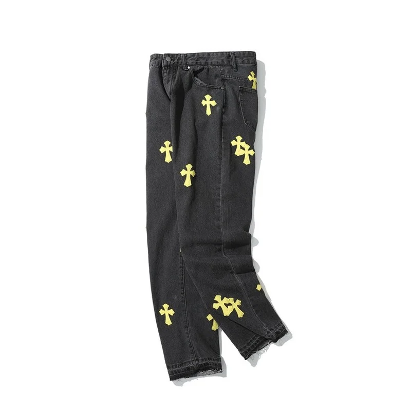 Four Seasons Men's Jeans Trend High Street Style Hip Hop Loose Straight Trousers Retro Cross Patch Streetwear Men's Ins Hot Sale