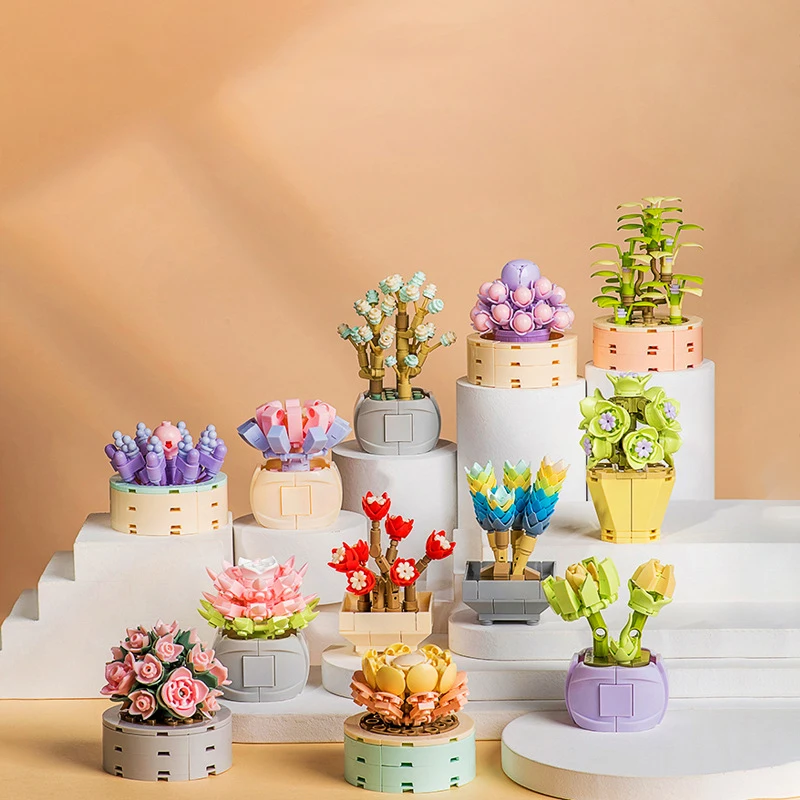 

DIY MOC Potted Plants Succulents Cactus Gypsophila Bonsai Tree Gardens Romantic Building Blocks Model Bricks Kids Sets Kits Toys