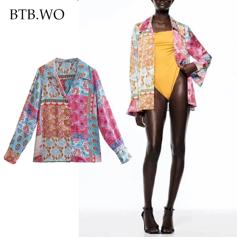 

BTB.WO TRAF Women Fashion Blouse Shirt 2022 Prined Single Breasted Chic Tops Long Sleeve Vintage Woman Shirts Tops