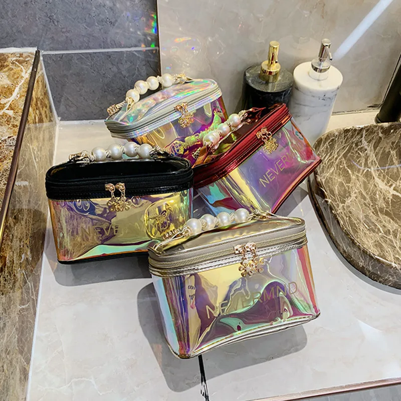 

Lady Laser Cosmetic Bag Pearl Decor Women Makeup Case PVC Transparent Beauty Organizer Female Make Up Pouch Fashion New Arrival