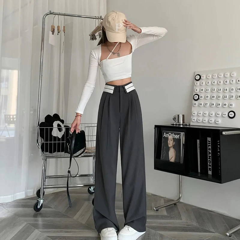 

Брюки женские офисные с широкими штанинами, модные плиссированные прямые мешковатые штаны с завышенной талией в Корейском стиле, уличная о...