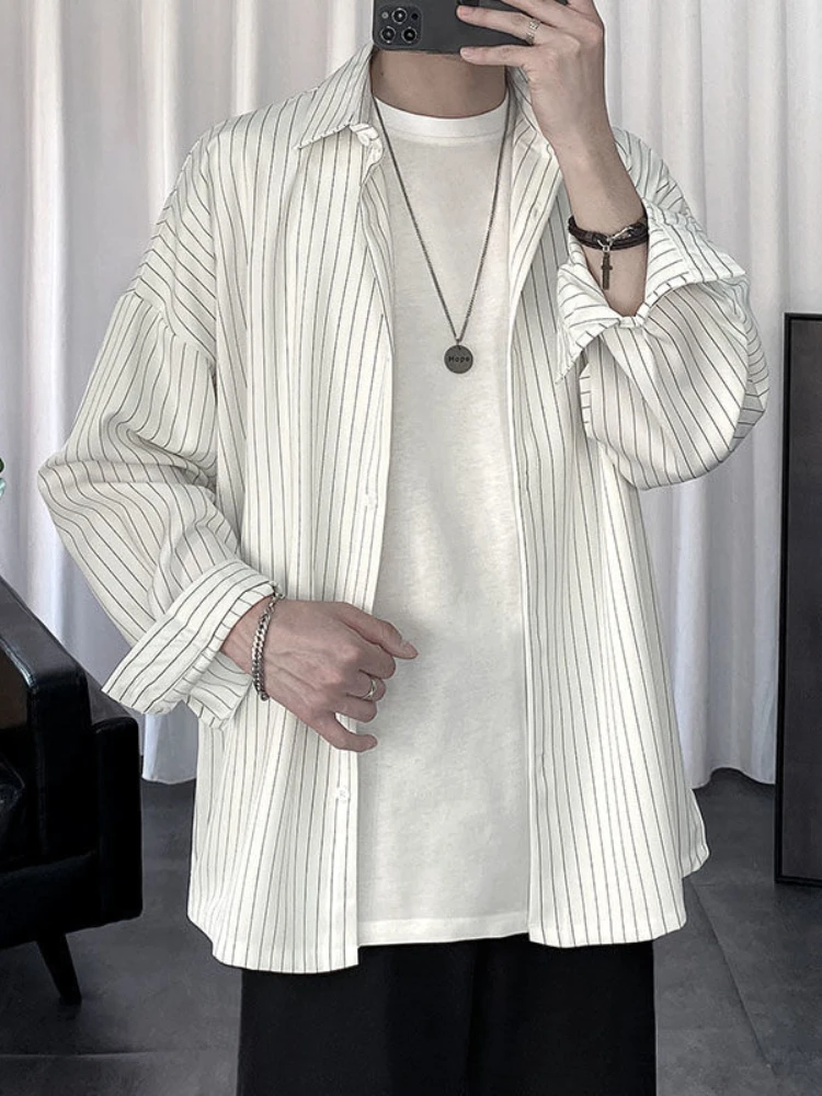 Black Unisex Gothic Long Sleeve Shirt Autumn Top Striped Shirt Jacket Men's Ladies Hong Kong Style Japanese Casual Trend