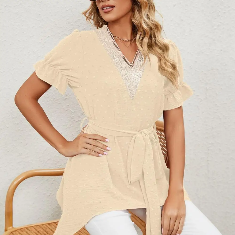 

Women Shirt Solid Color Chiffon Blouse Irregular Hem Belt Chiffon Tops