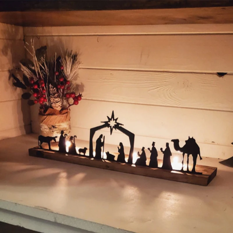 Metal Silhouette Wooden Candle Holder Birth Of Jesus Ornament Christmas Gifts Crafts Home Decor