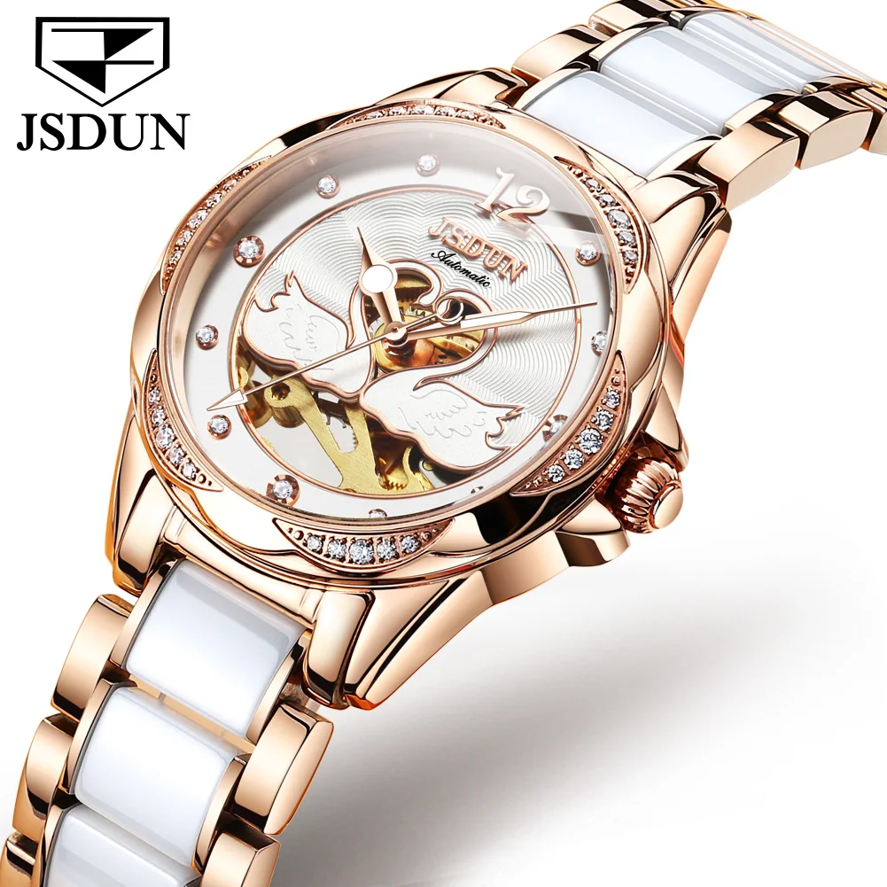 JSDUN Mechanical Watch for Women Stainless Steel Ceramics Strap Elegant Ladies Wrist Watch Sapphire Crystal Luxury Woman Watch