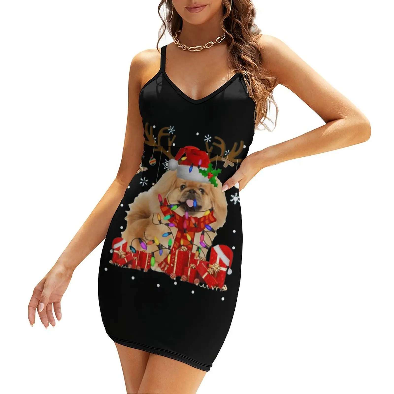 

Exotic Woman's Clothing Suspender Dress Pekingese Dog Reindeer Christmas Light Women's Sling Dress Cute Clubs Cool